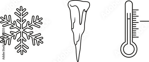 Set of minimalist winter weather icons featuring a snowflake icicle and thermometer perfect for app design and climate-related concepts