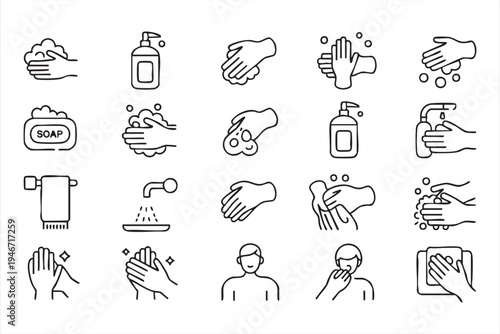 Hand washing hygiene icon pack featuring soap sanitizer faucet towel washing steps and sanitation symbols for healthcare infection prevention graphics