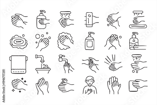 Hygiene hand washing icon collection with soap sanitizer faucet towel clean hands and public health sanitation symbols