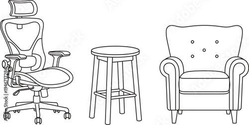 Collection of various seating furniture including an ergonomic office chair a bar stool and a classic armchair presented in a minimalist line art style for interior design concepts
