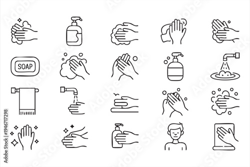 Hand hygiene icon set including soap sanitizer faucet towel washing steps and infection prevention healthcare symbols