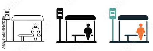 Urban bus stop icons line, bold, and colorful styles for modern transportation design, versatile collection for maps