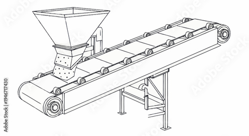 Industrial Conveyor Belt System with Hopper Illustration.
