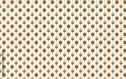 Seamless boho botanical pattern with brown leaves and terracotta geometric circles