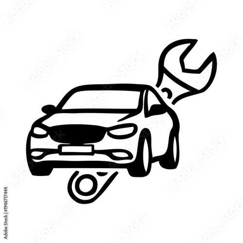 Logo taller mecánico. Icono con dibujo con líneas de coche de lujo con llave inglesa 