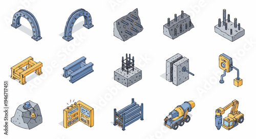 Isometric Construction Elements and Equipment Set.