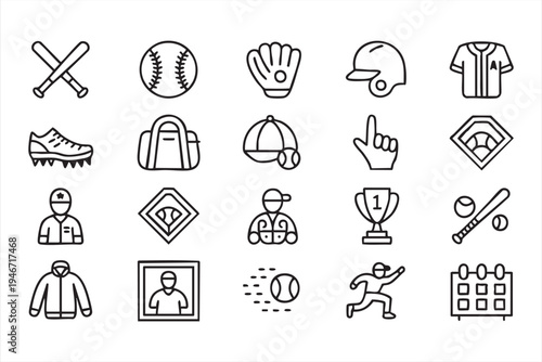Baseball sport icon pack featuring bat ball glove helmet jersey trophy player running cleats cap and team equipment symbols