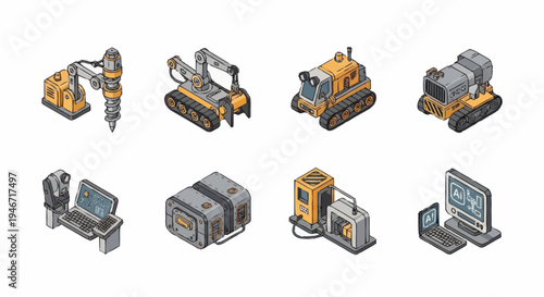Set of Isometric Construction and Technology Equipment Icons.