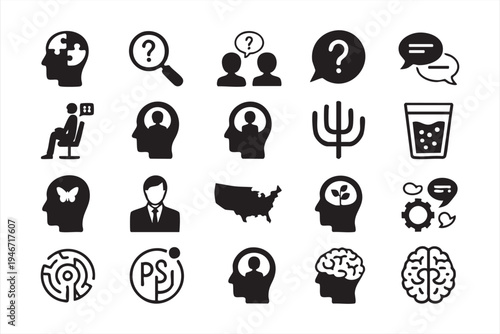 Psychology therapy icon set including brain head silhouette counseling interview conversation question and mental health science graphics