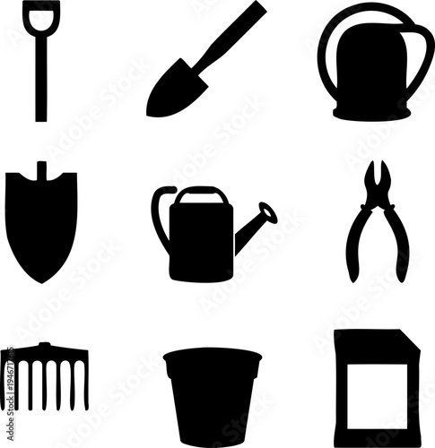 Gardening tools vector silhouette icons set, farm and garden equipment isolated