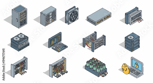 Isometric computer hardware and server rack icons set.