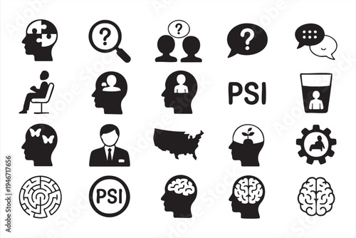 Mental health psychology icon pack with brain head silhouette therapy counseling discussion interview and cognitive science symbols