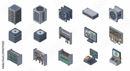 Isometric Icons Set of Computer Hardware and Cooling Systems.