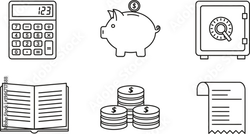 Comprehensive set of financial and accounting line icons including calculator piggy bank safe and money symbols designed for business banking and personal finance applications