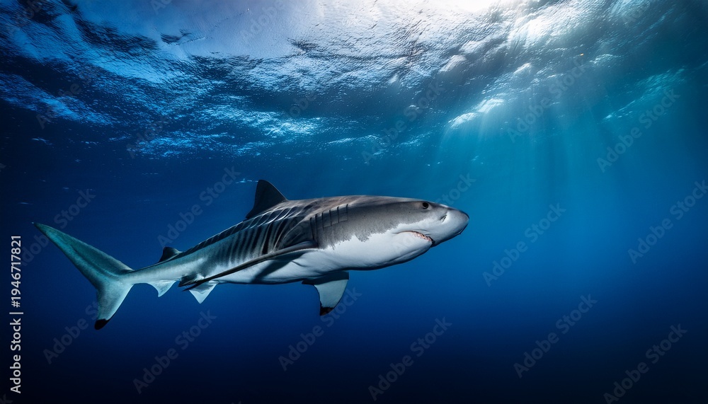 Obraz premium a solitary tiger shark glides through inky depths of the ocean seeking its next meal