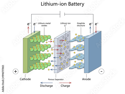 Foto lithium ion battery showing cathode, anode, separator and lithium ion movement during charge and discharge process diagram hand drawn schematic raster