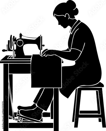 Woman sewing clothes with sewing machine, tailor workshop vector