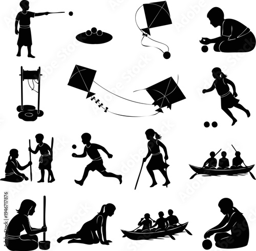 Traditional rural South Asian village games and lifestyle vector silhouette icons set