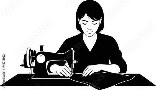 Woman tailor working on sewing machine, fashion designer workshop vector