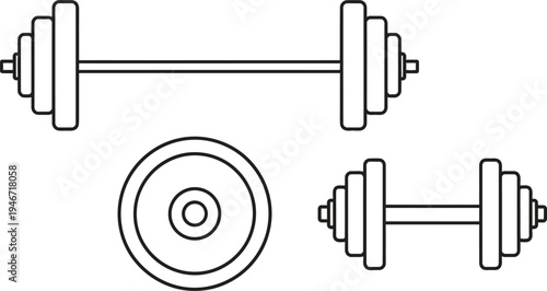 Set of outline fitness equipment including a barbell dumbbell and weight plate perfect for gym workout and strength training concepts