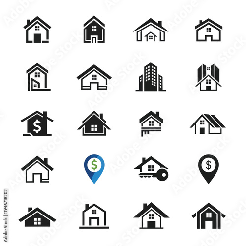 Set of real estate icons featuring vector house symbols and home roof designs for urban property business and architectural construction sign elements