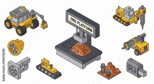 Isometric 3D Printing and Construction Equipment Collection.