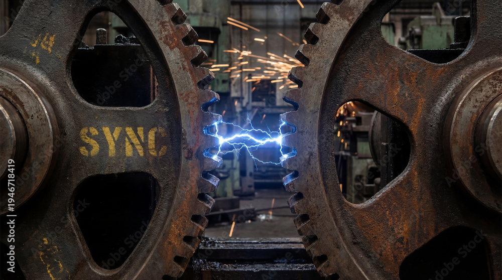 Fototapeta premium System Integration Concept Two Heavy Industrial Steel Gears Connected and Turning via Glowing Blue Electric Arc Sync