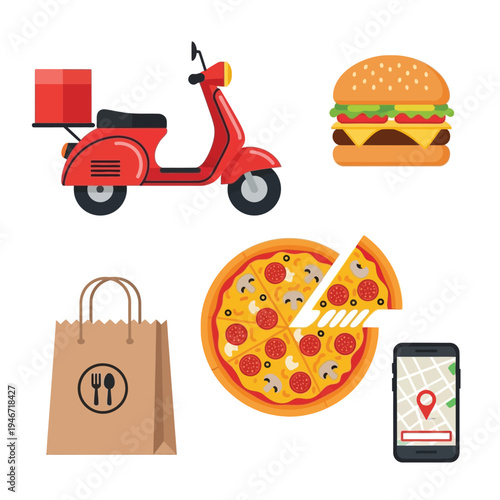 Vector illustration of a fast food icons set featuring a cartoon delivery courier riding a red scooter moped to provide fast pizza service
