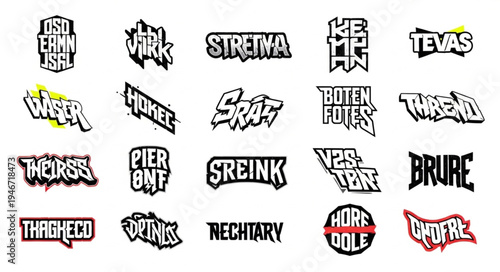 Collection of Graffiti-Style Word Art Designs with Bold and Edgy Lettering.