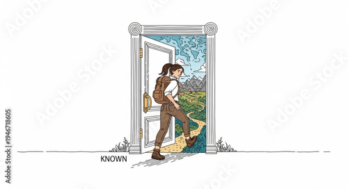 Person stepping through a doorway into a vibrant landscape.