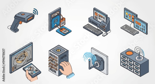 Collection of isometric security and access control devices.