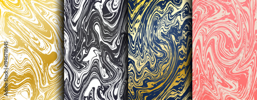 Chic marble texture patterns set with liquid swirls. Abstract backgrounds with gold, black, blue, pink ink flows. Elegant wavy stone surface for luxury packaging or textile design.