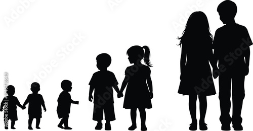 Children growing stages silhouettes from toddler to older kids boy and girl development concept flat vector illustration set
