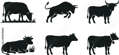 Cow and bull silhouettes collection farm cattle livestock animals grazing standing and jumping isolated flat vector illustration set