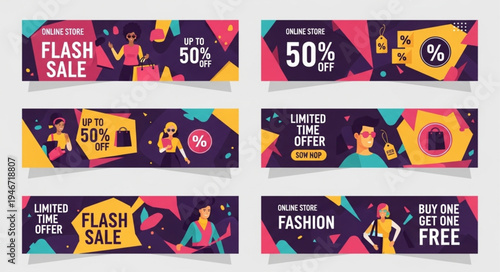Flash Sale Fashion Banners - Up to 50 Off, Limited Time Offers, and Buy One Get One Free.