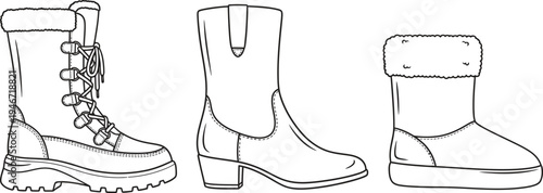 Collection of diverse womens boots including winter cowboy and casual styles presented as a black and white outline vector illustration for fashion design