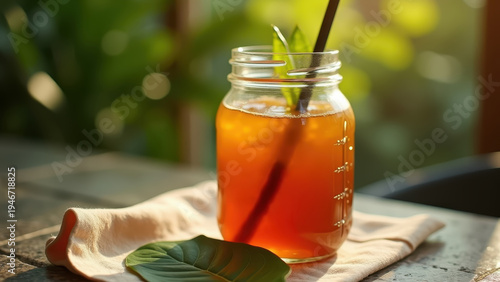 Fresh cold brew coffee or tea jar tropical leaf and linen napkin on terrazzo surface, bokeh soft warm background, summer vibes