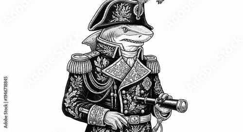 Anthropomorphic Shark in Military Uniform Holding Telescope.