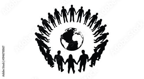 People united in a circle around the earth a global silhouette