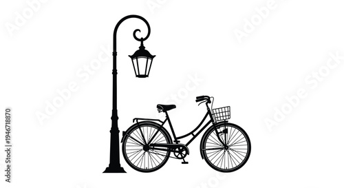 Black silhouette of a bicycle and lamppost against a white background