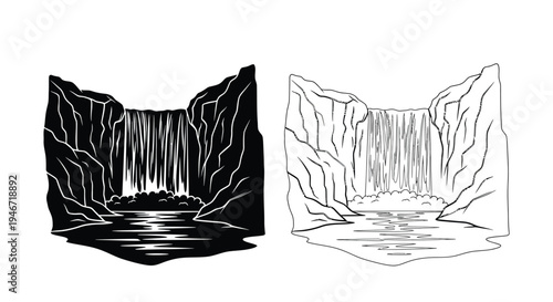 Dramatic waterfall landscape illustration in black and white bold silhouette