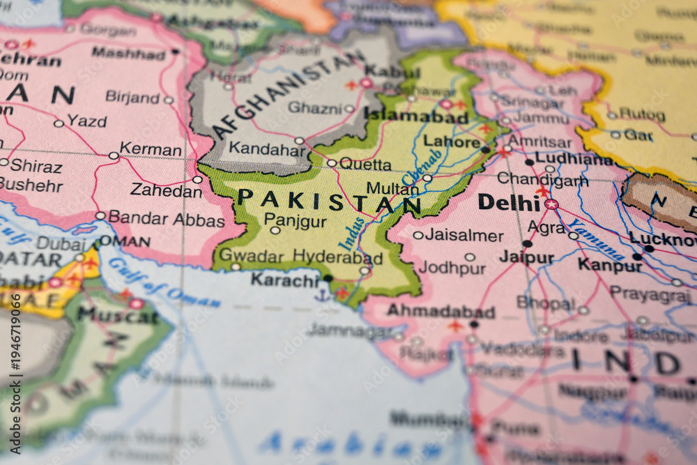 Obraz premium Pakistan on World Map Close Up Macro Defocused Background Geographic Image