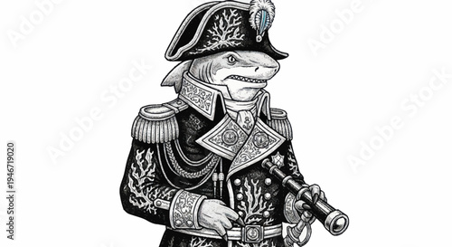 Anthropomorphic Shark in Military Uniform Holding Telescope.
