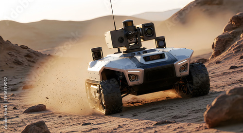 Autonomous military robot vehicle patrolling desert landscape for reconnaissance missions and surveillance operations