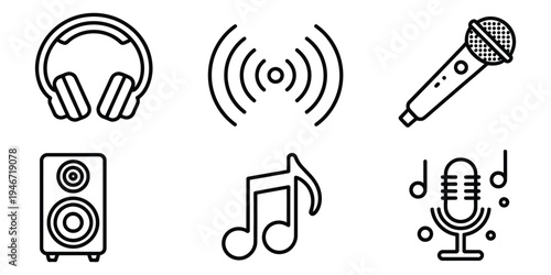 Various audio equipment and devices for recording and playback, vector illustration set representing microphones, speakers, headphones, mixers, sound systems, and music production tools