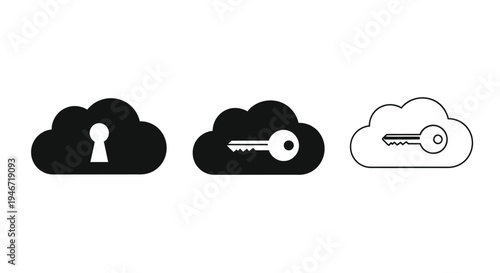 Cloud security icons key lock and access black silhouette