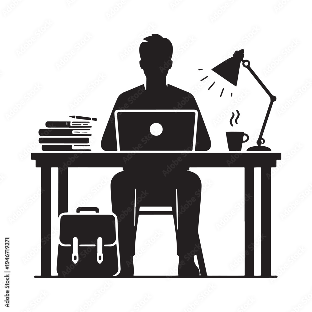 Fototapeta premium Black Online exam at home Silhouette Vector, High Quality Illustration on White Background