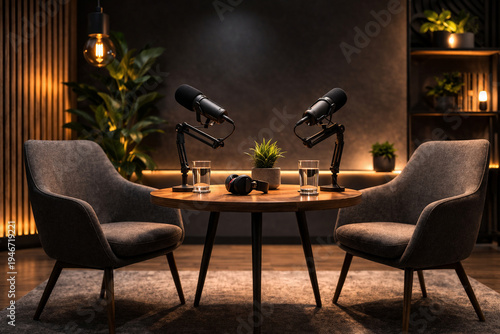 Minimalist Podcast Studio Setup with Two Chairs Table and Microphones Professional Recording Environment