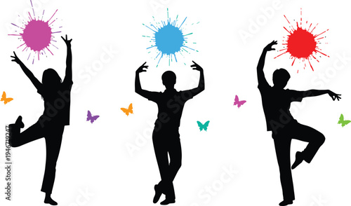 Dancing people silhouettes with colorful paint splash and butterflies celebration party movement energy fun flat vector illustration set