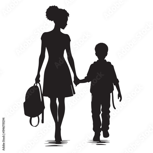 Black Parent dropping kid school Silhouette Vector, High Quality Illustration on White Background